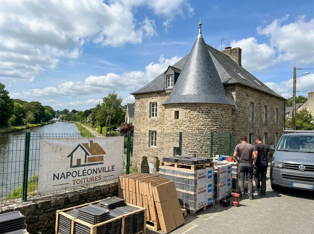 Maison de pierre à tourelle d'ardoise au bord du canal de Nantes à Brest à Pontivy, chantier Napoléonville Toitures avec bâche et palettes d'ardoises